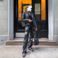 Black Printed High-waisted Abdomen-hip Wide-leg Leather Pants