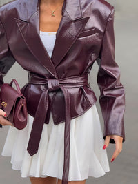 Lychee Pattern Leather Coat Slim Fit Fitted Waist Turn-down Collar Tie-front Top