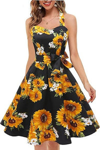 Womens Neck-Hanging Tube Top Sleeveless Printed Retro Maxi Dress
