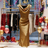 Shiny Silk Ruffled-neck Dress Thats Form-fitting And Hugs The Hips