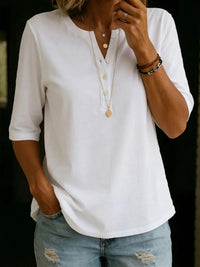 Women's Solid-Colored Cotton Button-Down Half-Sleeve Shirt