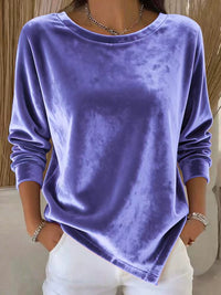 Womens Round-Neck Velvet Solid-Color Long-Sleeve Blouse