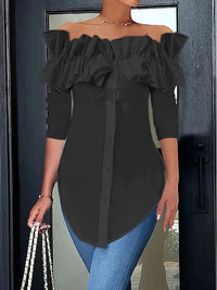 Simple Solid-Color Off-the-Shoulder Ruffle-Trim Shirt Top