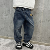 Retro Heavy Washed Oblique Placket Pocket Design Cargo Jeans