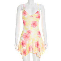 Elegant Floral Print Sleeveless Slip Dress In Mesh With Asymmetrical Hem