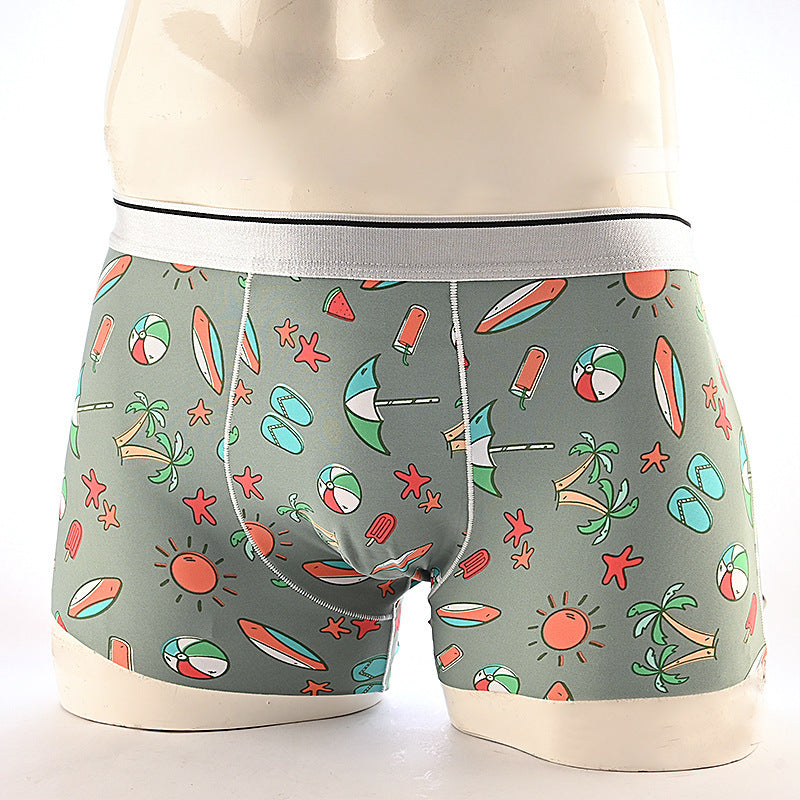 Cartoon Men's Boxer Panties Ice Silk Print Floral Mid-waist Breathable Boxers