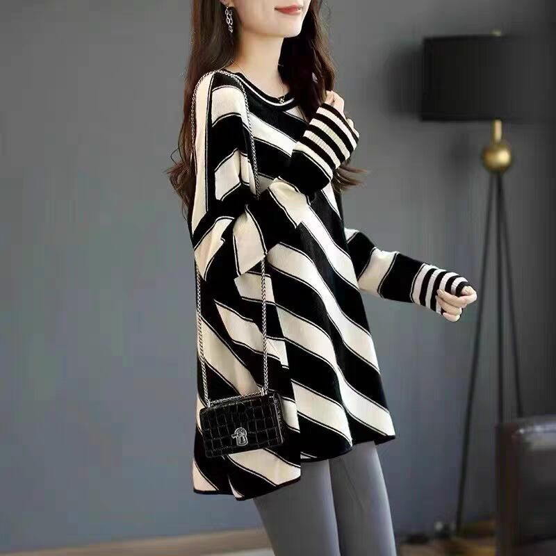 Striped Stitching Contrast Color Round Neck Pullover Sweater Autumn And Winter Fashion All-matching Loose Slimming And Warm Bottoming Shirt