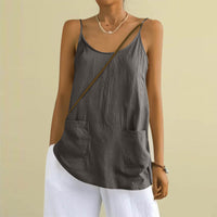 Cotton And Linen Camisole Womens Loose-Fitting Top With Pockets