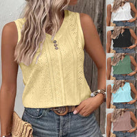 Solid-color Casual Round-neck Button-back Tank Top T-shirt