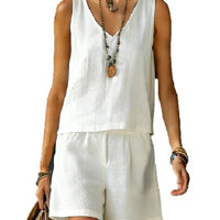 Sleeveless Linen Cotton Top Vest And Shorts Womens Solid Color Two-Piece Set