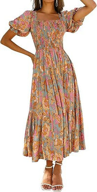 Bohemian Floral Square-Neckline Resort Long Dress