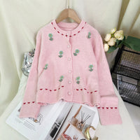 Women's Patchwork Flower Knitted Cardigan Round Neck Casual Sweater