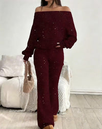Sequined Off-the-Shoulder Long Solid-Color Womens Suit