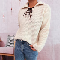 Simple Commute Lapel Tied Knitted Pullover Solid Color Loose Sweater