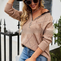 Women's Hollow Zipper Half Cardigan V-neck Lace Pullover Outerwear Sweater
