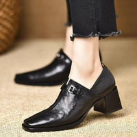 Womens Leather Belt-buckle Shoes With A Square