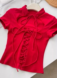 Red Flirty Bandage Bodycon Crop Top For Women Summer Short-Sleeve T-Shirt