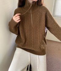 Lapel Half Zipper Cable-knit Pullover Sweater For Women