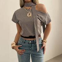 Womens Striped Cold-Shoulder Top With Tie Details And Short Sleeves