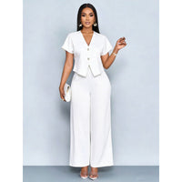 Short-sleeve V-neck Irregular Cardigan And Straight-leg Wide-leg Pants Set