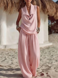 Solid-color Women's Flowing Collar Two-piece Set