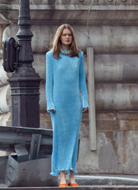 Solid-color Crew-neck Split-fit Long Dress