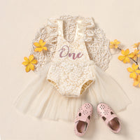 Baby's Flying Sleeve Lace Mesh Print Onesie