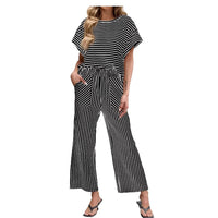 Womens Striped Short-Sleeve T-Shirt And Wide-Leg Pants Set With Pockets