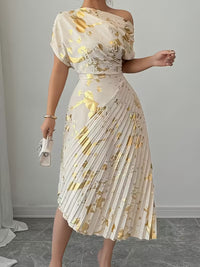 Women's Asymmetric Shoulder Gold Foil Pleated Dress