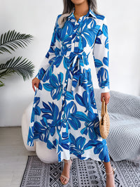 Women's Floral Print Lapel Tie Waist Shirt Maxi Dress