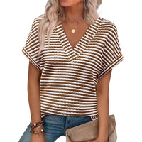 Summer V Neck Striped Loose Short Sleeve