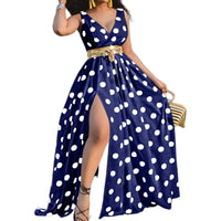 Printed Waist-cinching Mid-rise Elegant Maxi Dress With A Sexy Slit And An Optional Belt