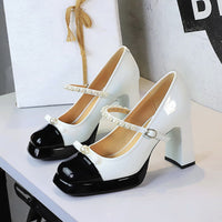 French Retro Style Color-Block Square-Toe Chunky Heel Shoes For Women