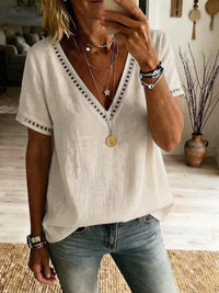 Women's Casual Patchwork Hollow-Out Lace V-Neck Short-Sleeve Top