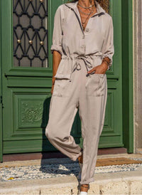 Women's Solid Color Lapel Pocket Elastic Waist Jumpsuit