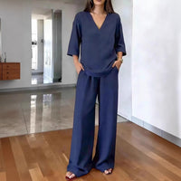 Women's V-neck Short-Sleeve Top And Wide-Leg Pants Casual Set