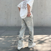 American Vintage Washed Distressed Yellow Mud Dye Letter Print Jeans