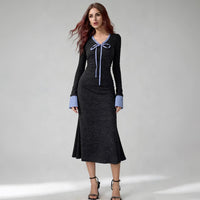 Gray Fitted-waist Sheath-style Long-sleeve Knit Womens Dress
