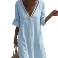 Loose-fitting Solid-color Cotton-Linen Lace V-neck Dress