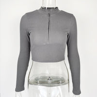 Women's Casual Solid Color Zipper Crop Slim Fit Top