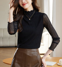 Textured Lace Base Layer Top Fashionable Fringed Mock Turtleneck Trendy Long-sleeve T-shirt For Layering
