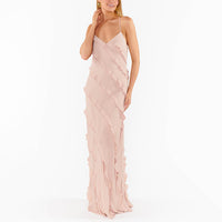 Womens Patchwork Ruffle-Trimmed Resort-Style Slip Dress