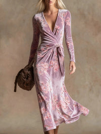 Womens V-neck Long-sleeve Maxi Dress