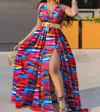 Printed Waist-cinching Mid-rise Elegant Maxi Dress With A Sexy Slit And An Optional Belt