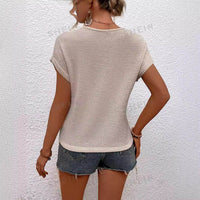 Women's Waffle Short Sleeve Cropped Collar Hollow-out Top