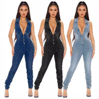 Sleeveless Washed Denim Jumpsuit For Women