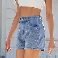 Washing Design Beaded Slimming Denim Half-length Women's Shorts