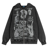 Water-washed Vintage-style Printed Hooded Cardigan Jacket Loose-fit Springautumn Zip-up Jacket