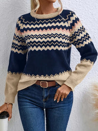 European And American Women's Clothing Sweater Fashion Round Neck Knitted Top Classic Striped Color Matching