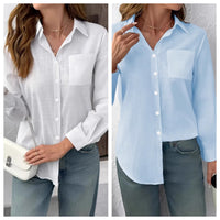 Lapel-collar Casual Pleated Loose-fitting Long-sleeve Womens Blouse